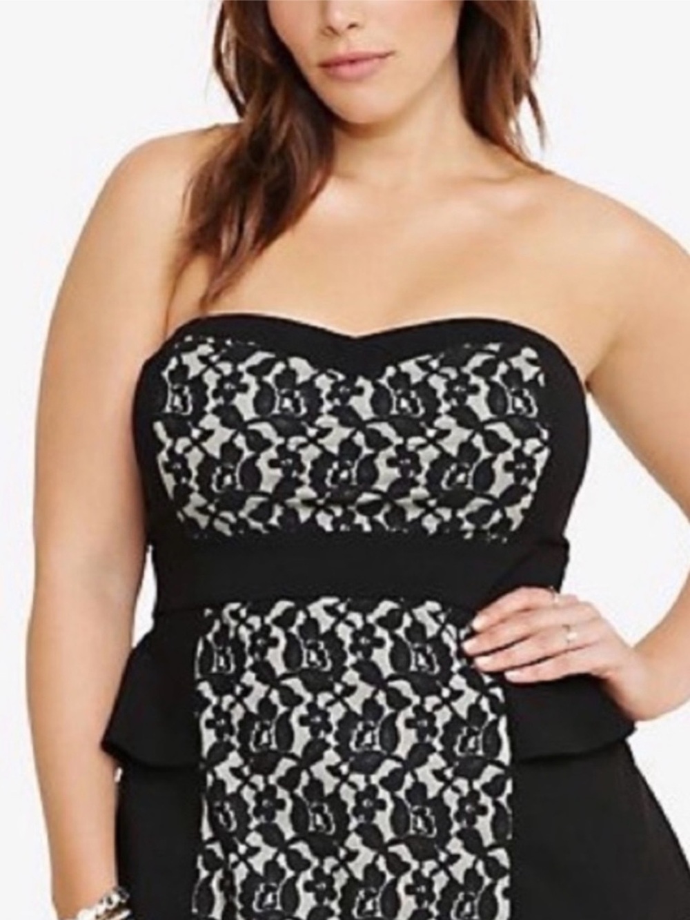 torrid Black Strapless Peplum Top with Nude Lace Panels